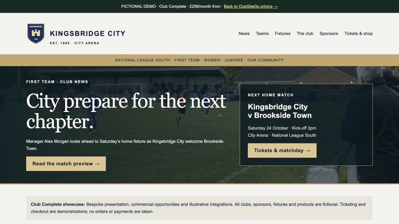 Screenshot of the fictional Club Complete demo website