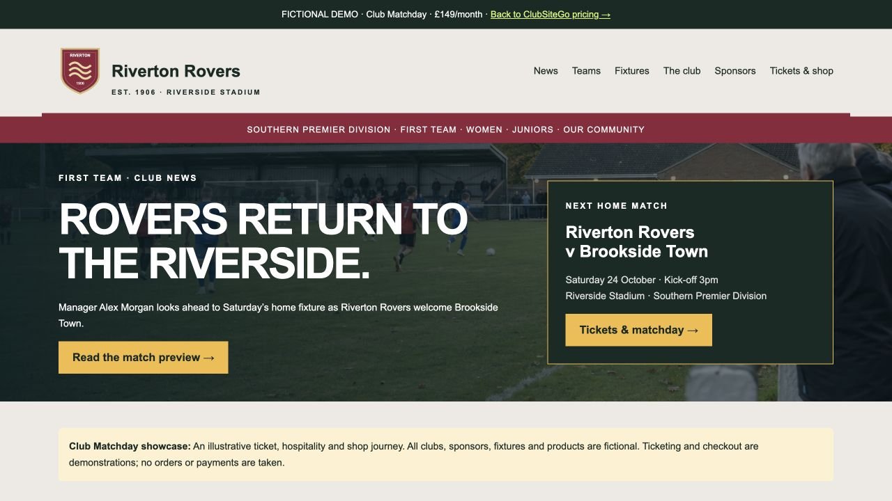 Screenshot of the fictional Club Matchday demo website